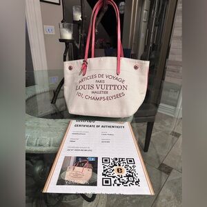 Louis Vuitton Cream Tote with Pink Handles Articles De Voyage Handbag